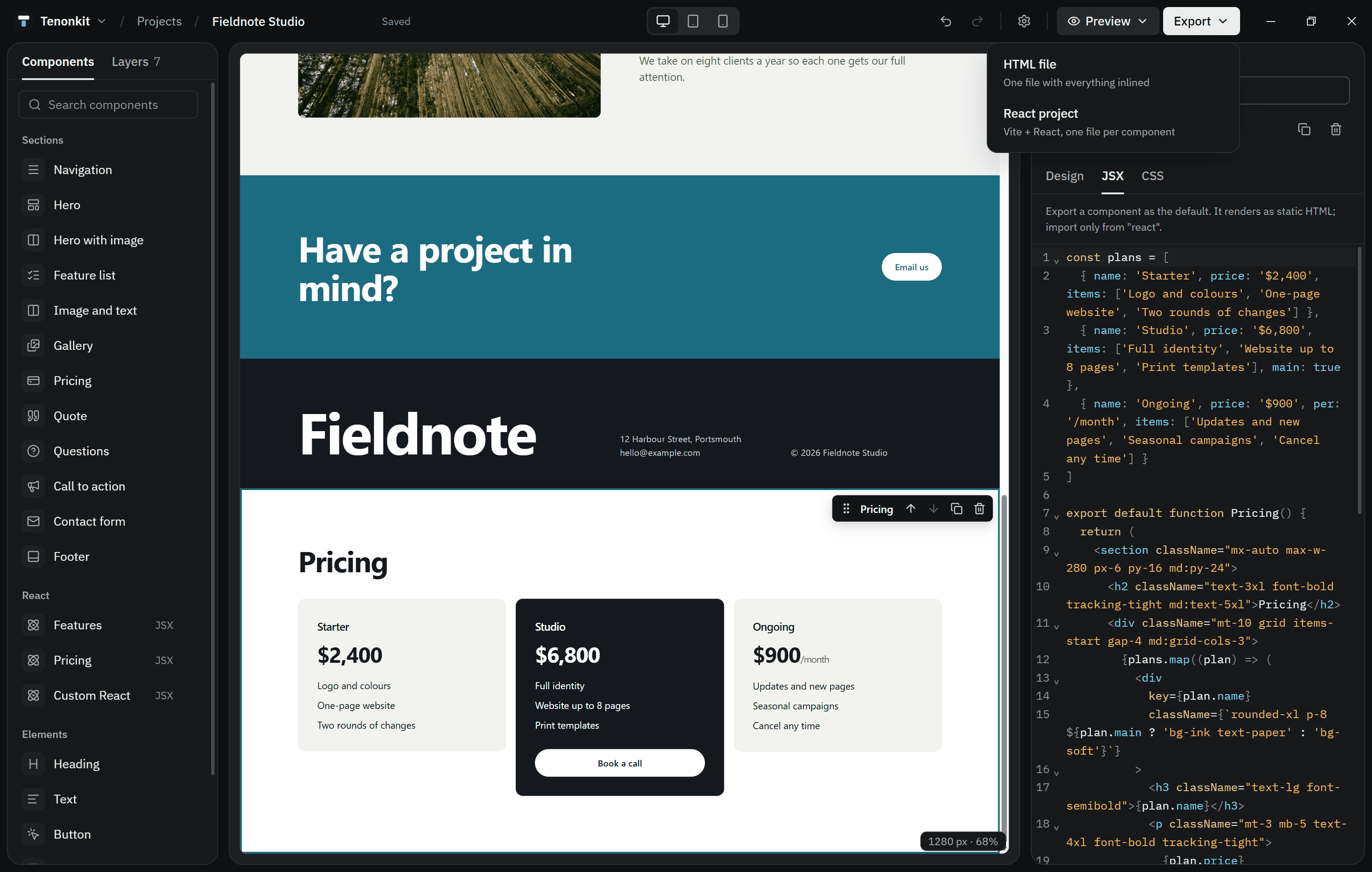 The Export menu: an HTML file or a React project