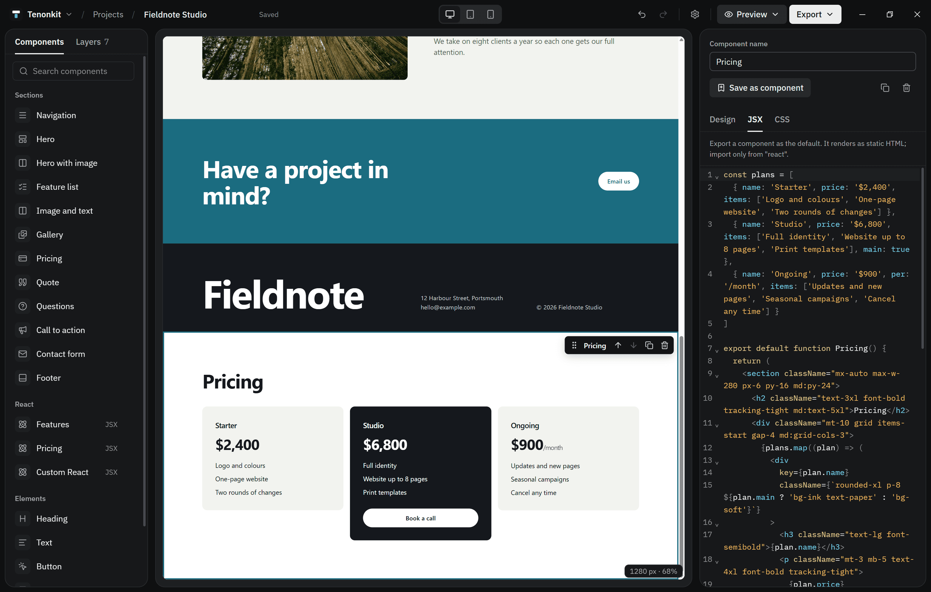 A React component's JSX next to its render on the canvas