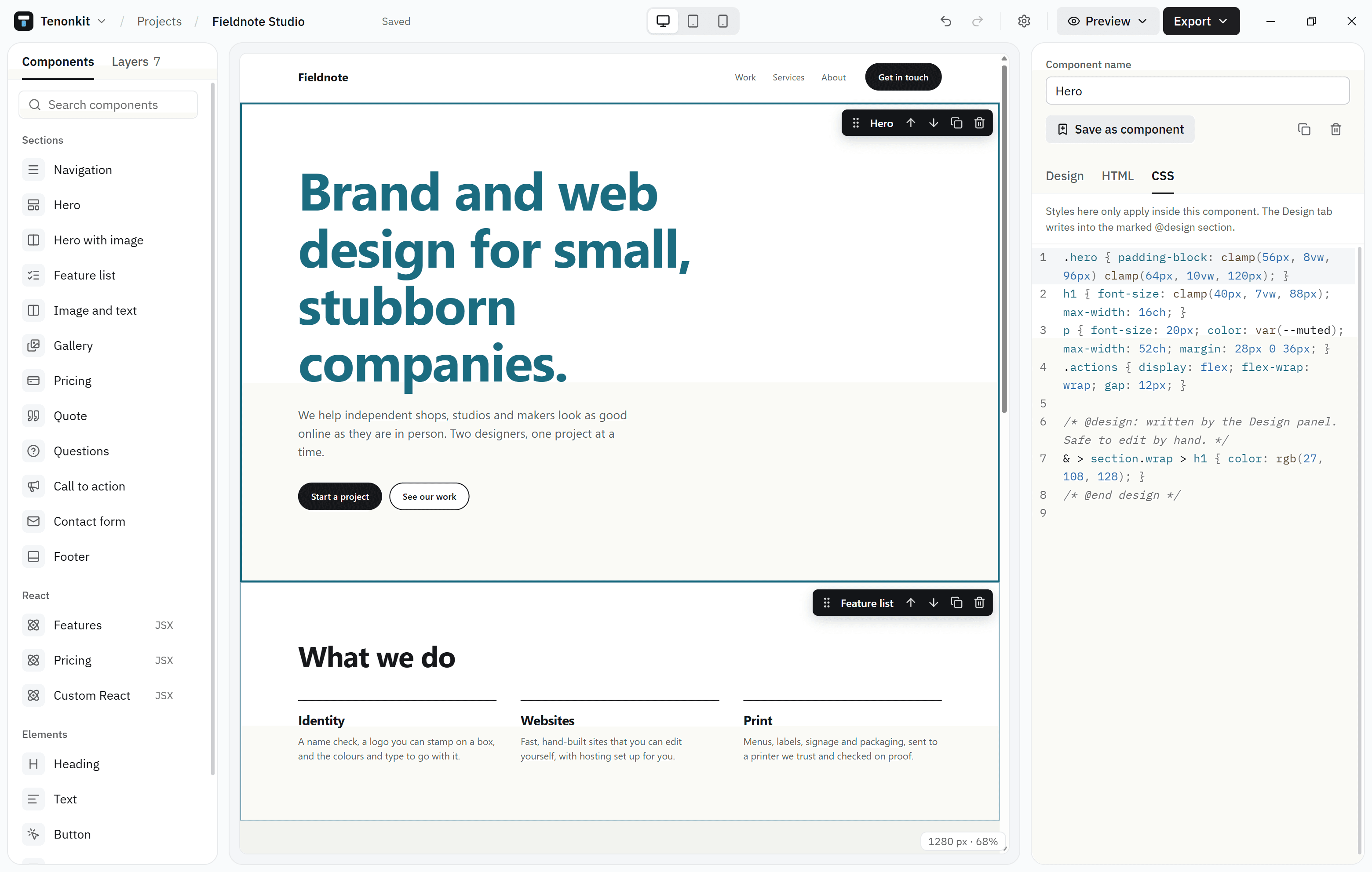The CSS tab showing the section the Design tab wrote