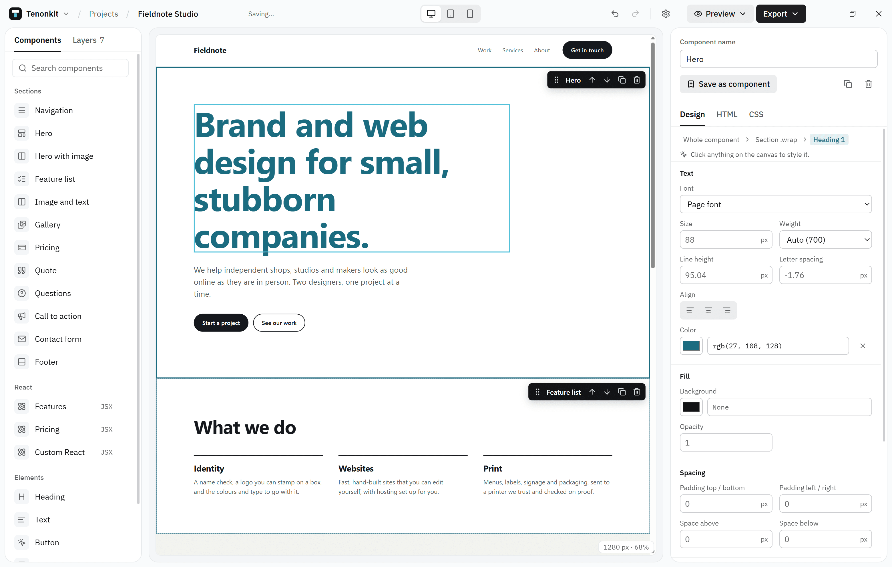 The Components panel, with Navigation, Hero, Pricing and Footer, next to the page being built