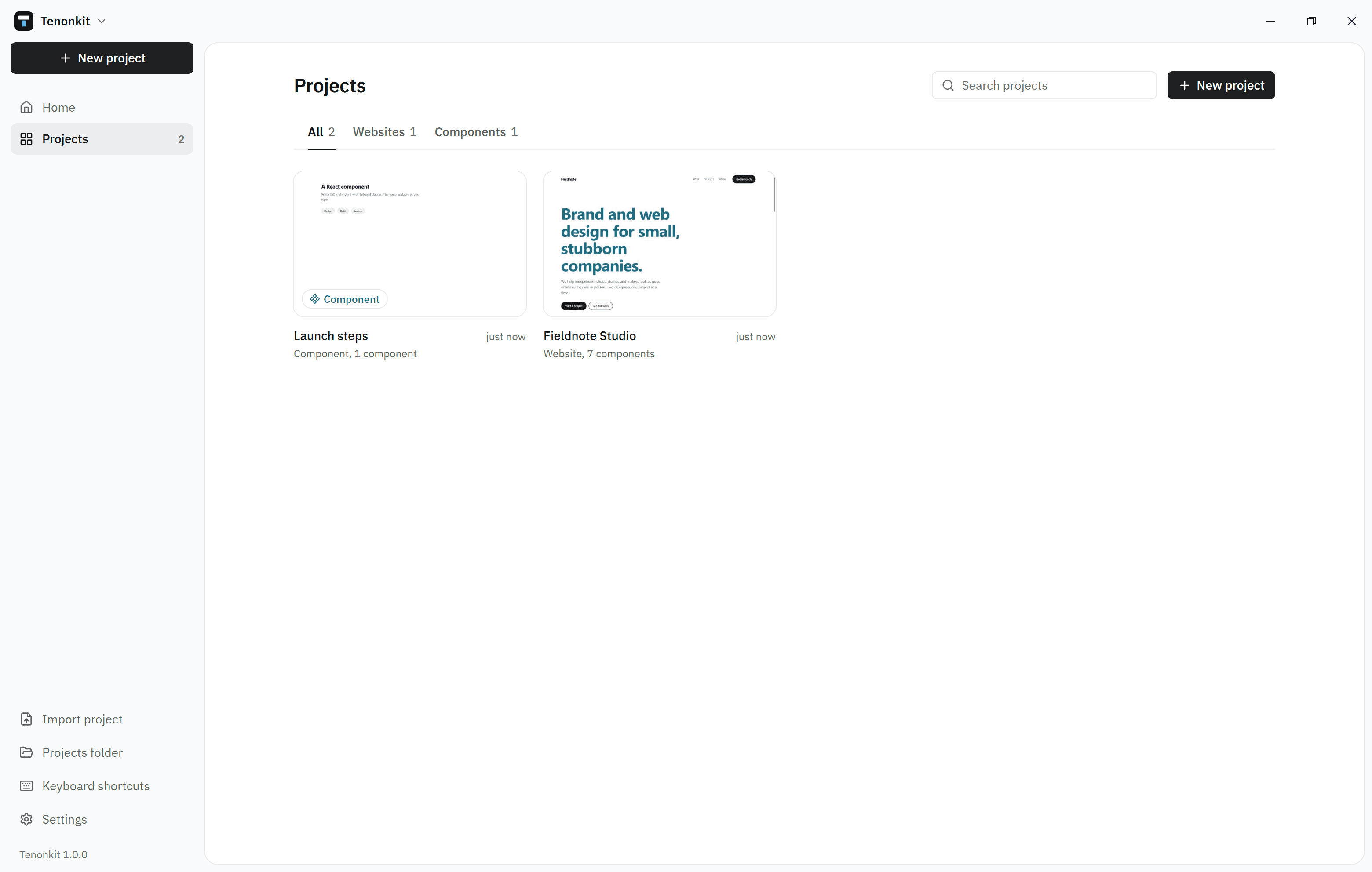 The Projects page in the light theme, listing a website and a component