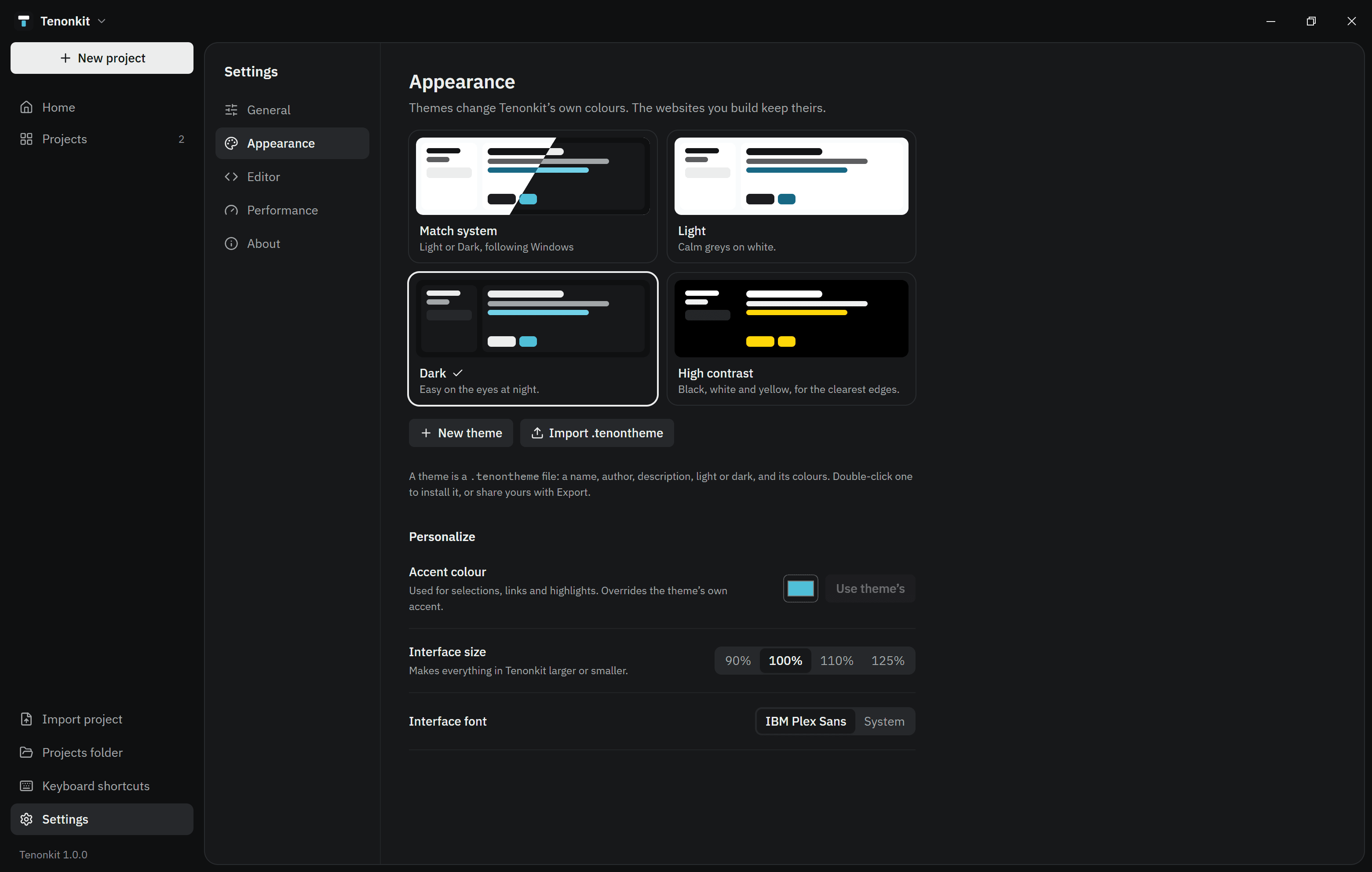 Settings, Appearance: the Match system, Light, Dark and High contrast themes