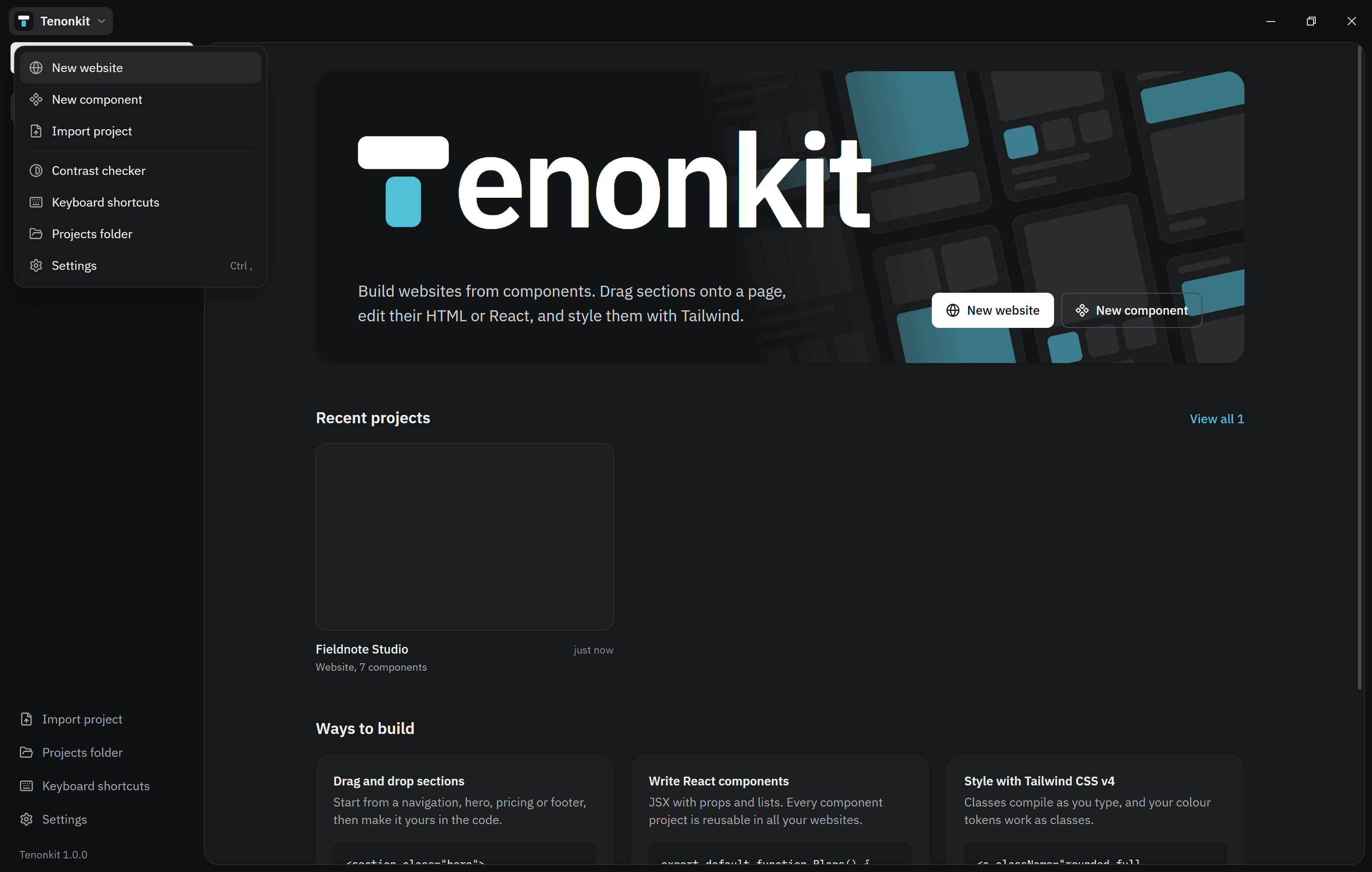 The Tenonkit menu open: New website, Contrast checker, Keyboard shortcuts, Settings